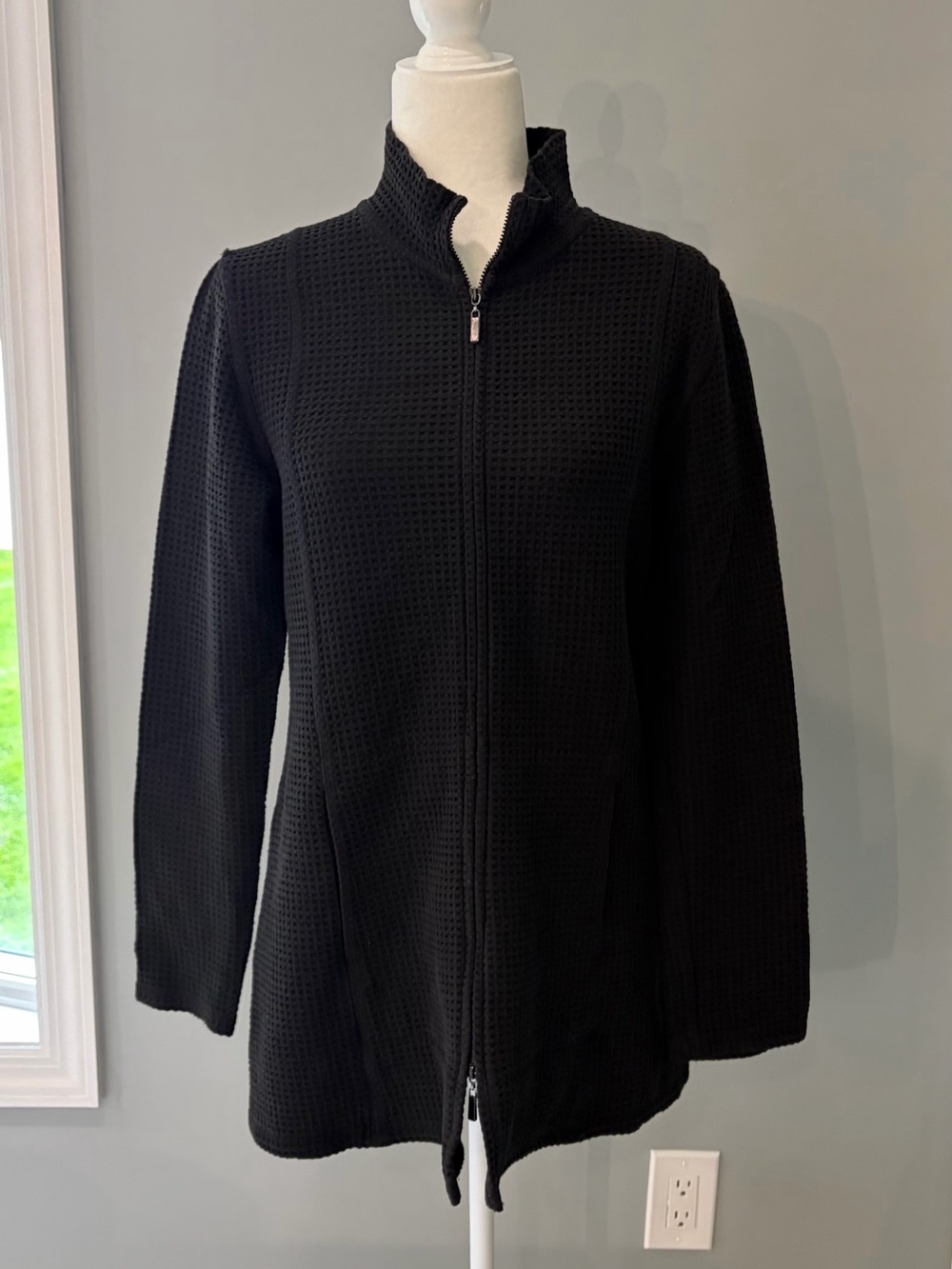 Eileen Fisher Black Zip-Front Waffle Knit Long Lightweight Jacket